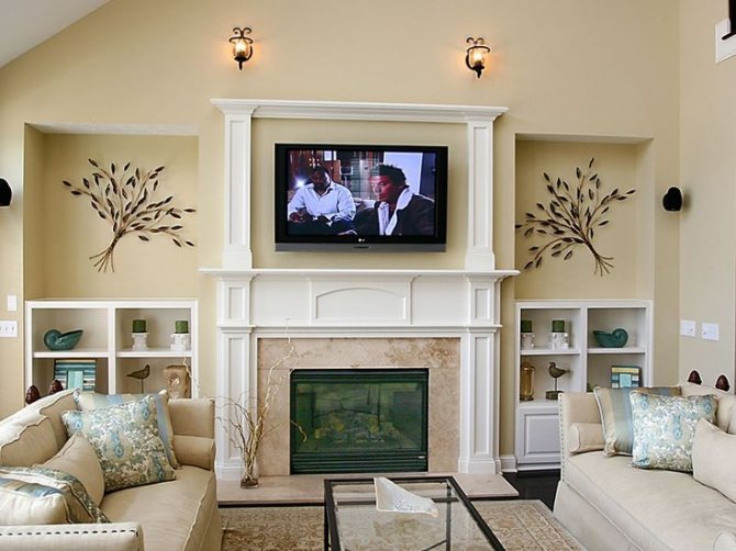 Дизайн на телевизионна зала над камина