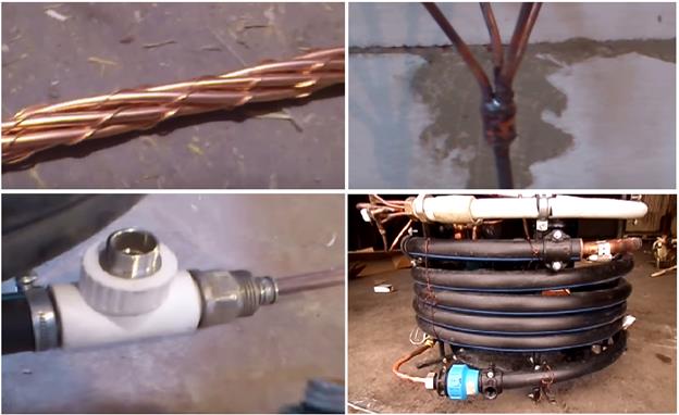 Сглобяване и външен вид на топлообменник, изработен от медни и пластмасови тръби